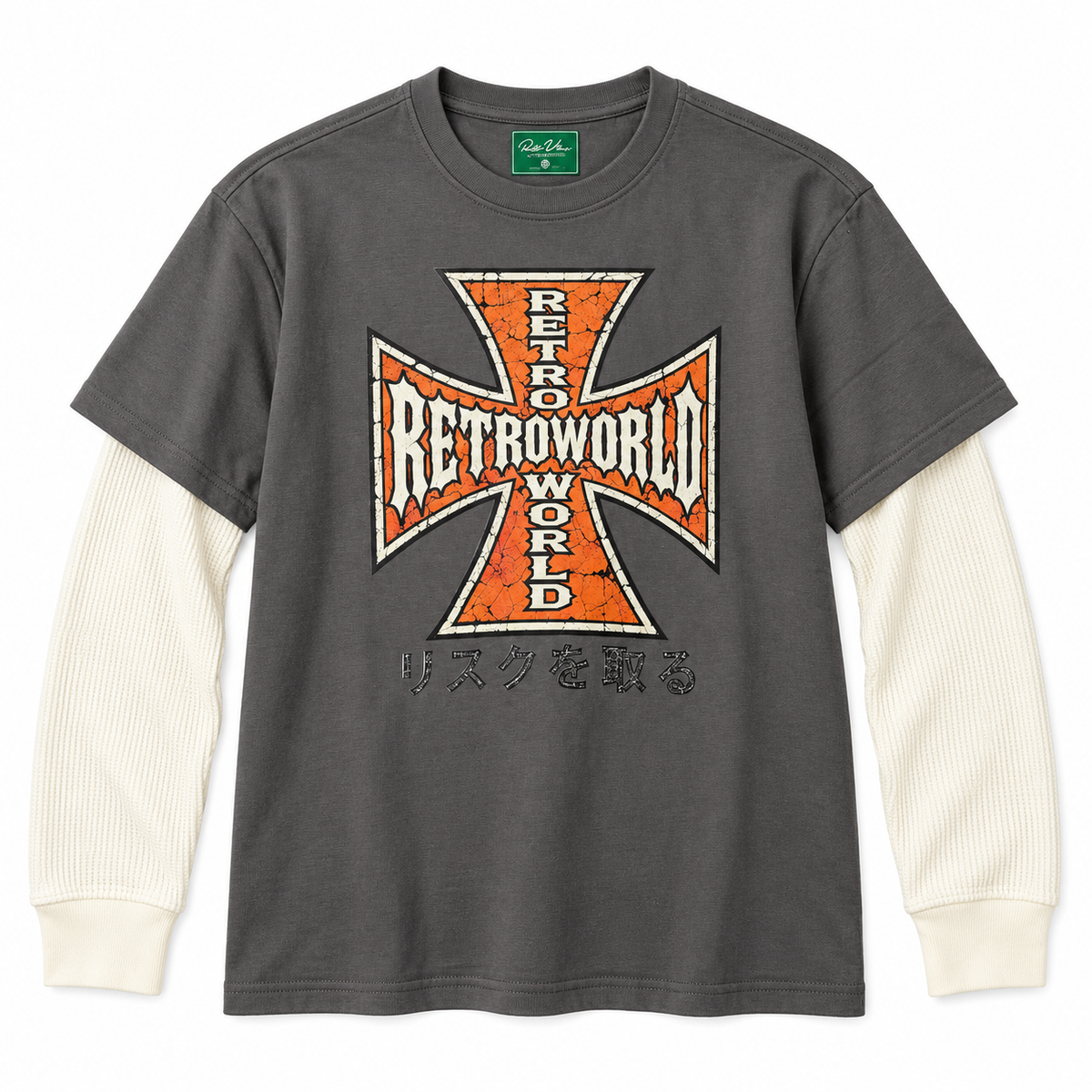 Charcoal RETRO CROSS layered tee with cream waffle-knit sleeves and orange cross graphic on white background