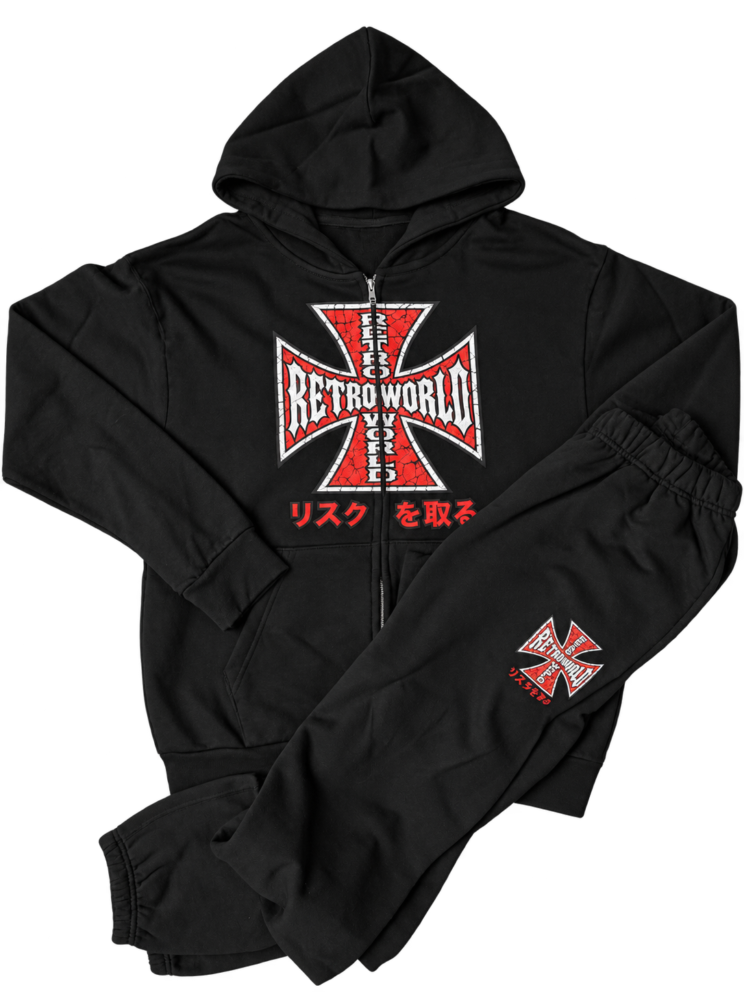 Black RETRO CROSS SWEATSUIT with red and white cross graphics, zip hoodie and matching joggers