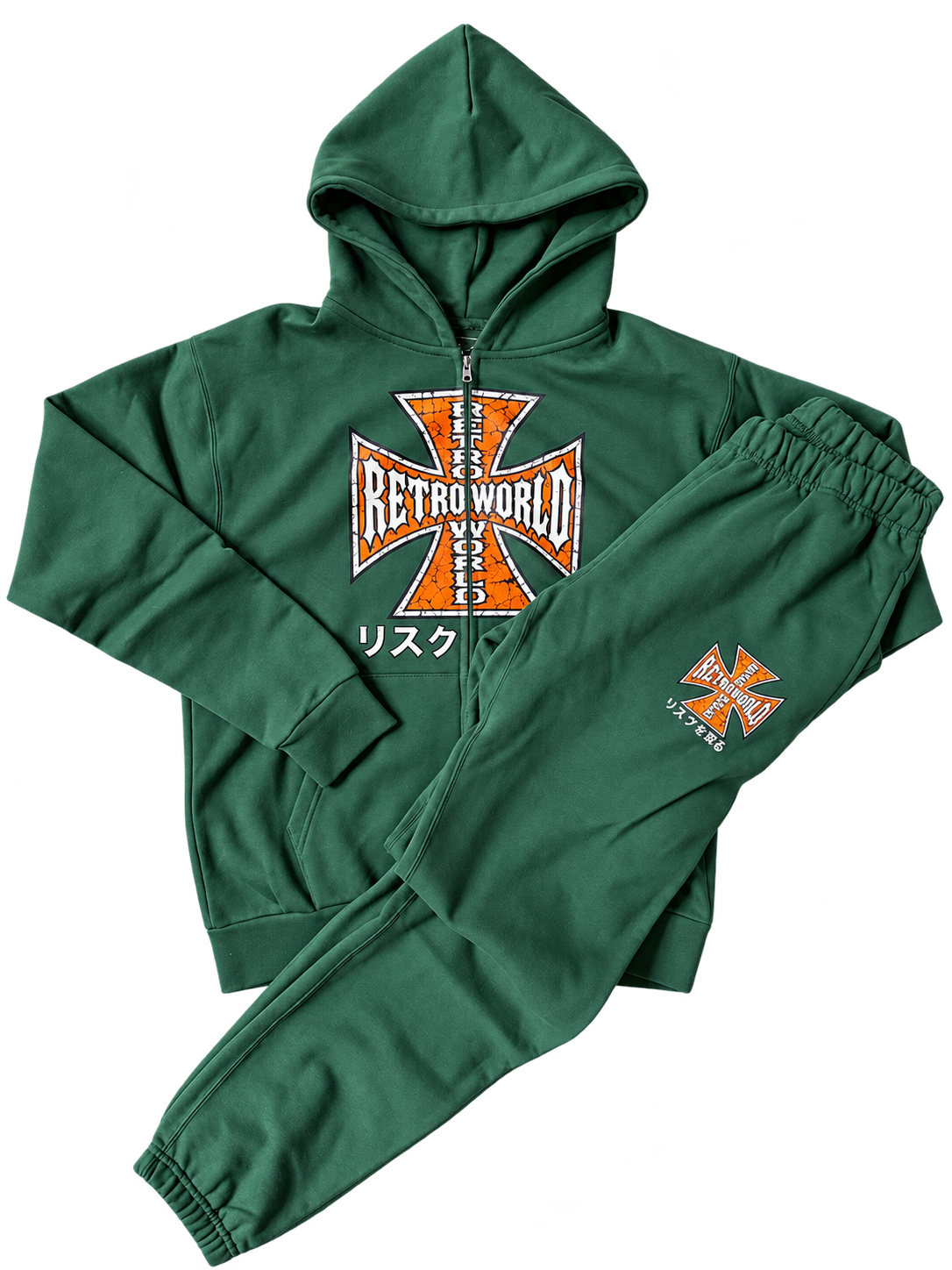 Forest green RÈTRO Cross hoodie and jogger set with orange and white graphics