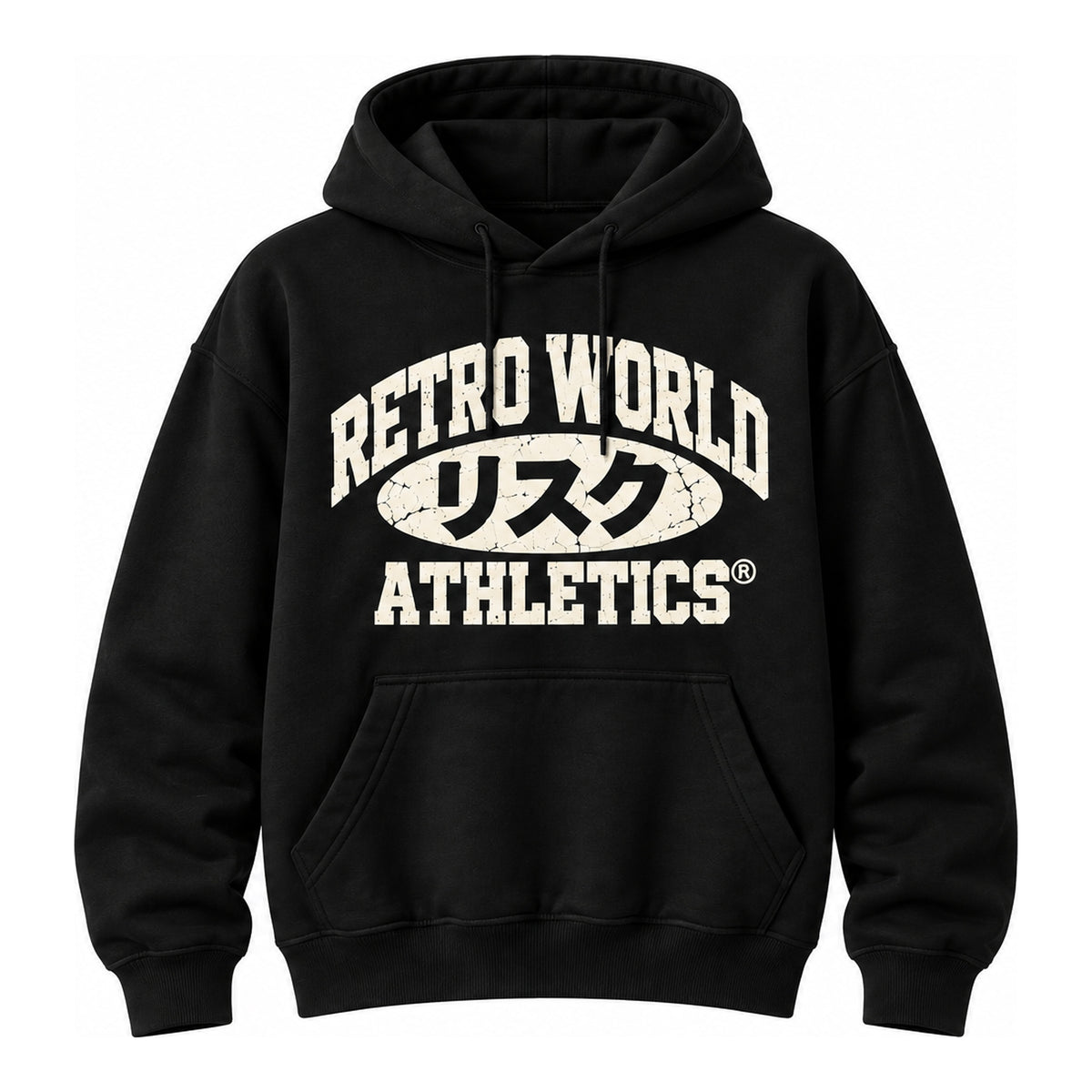 RW® PE HOODIE in black with off-white RETRO WORLD ATHLETICS lettering