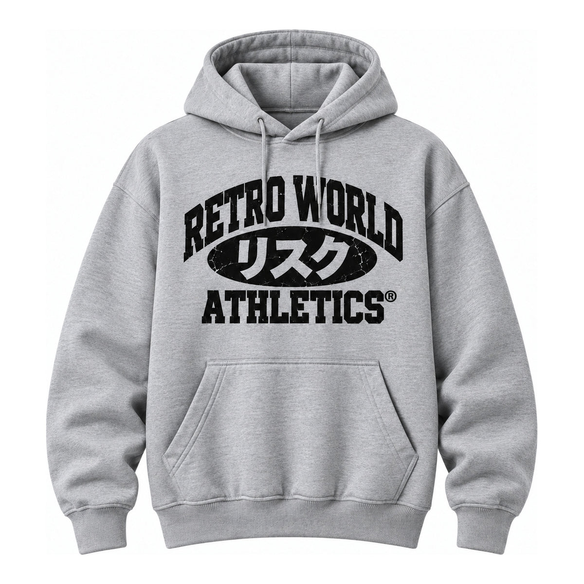 RW® PE HOODIE in gray with black RETRO WORLD ATHLETICS lettering