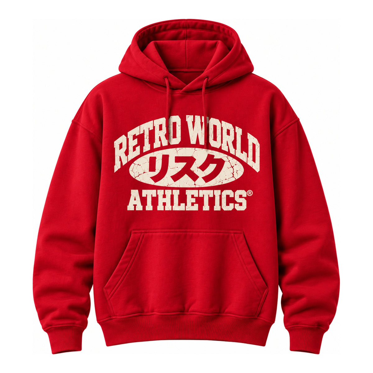 RW® PE HOODIE in red with off-white RETRO WORLD ATHLETICS lettering